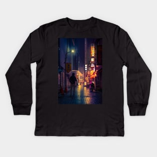 Neon Noir Street Reflecting the warm yellow and orange light from the bar area. Kids Long Sleeve T-Shirt
